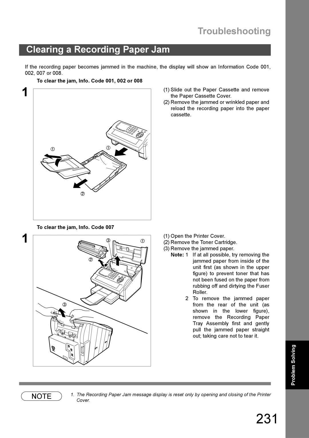 Panasonic DX-600 appendix 231, Clearing a Recording Paper Jam, To clear the jam, Info. Code 001, 002 or 