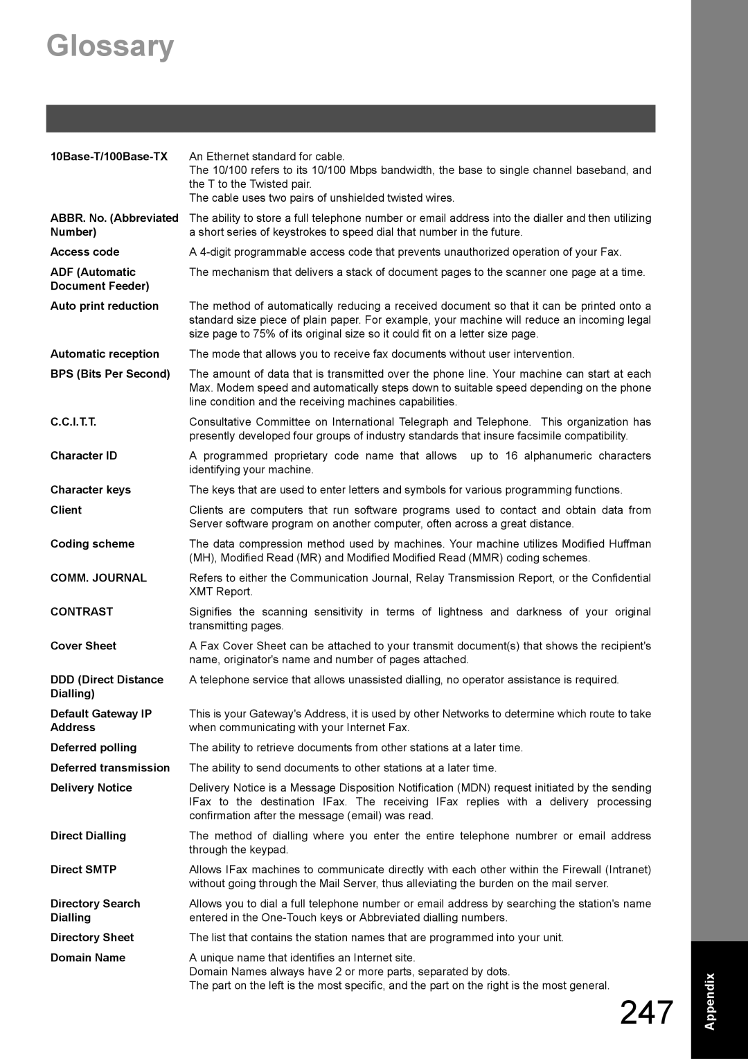 Panasonic DX-600 appendix 247, Glossary 