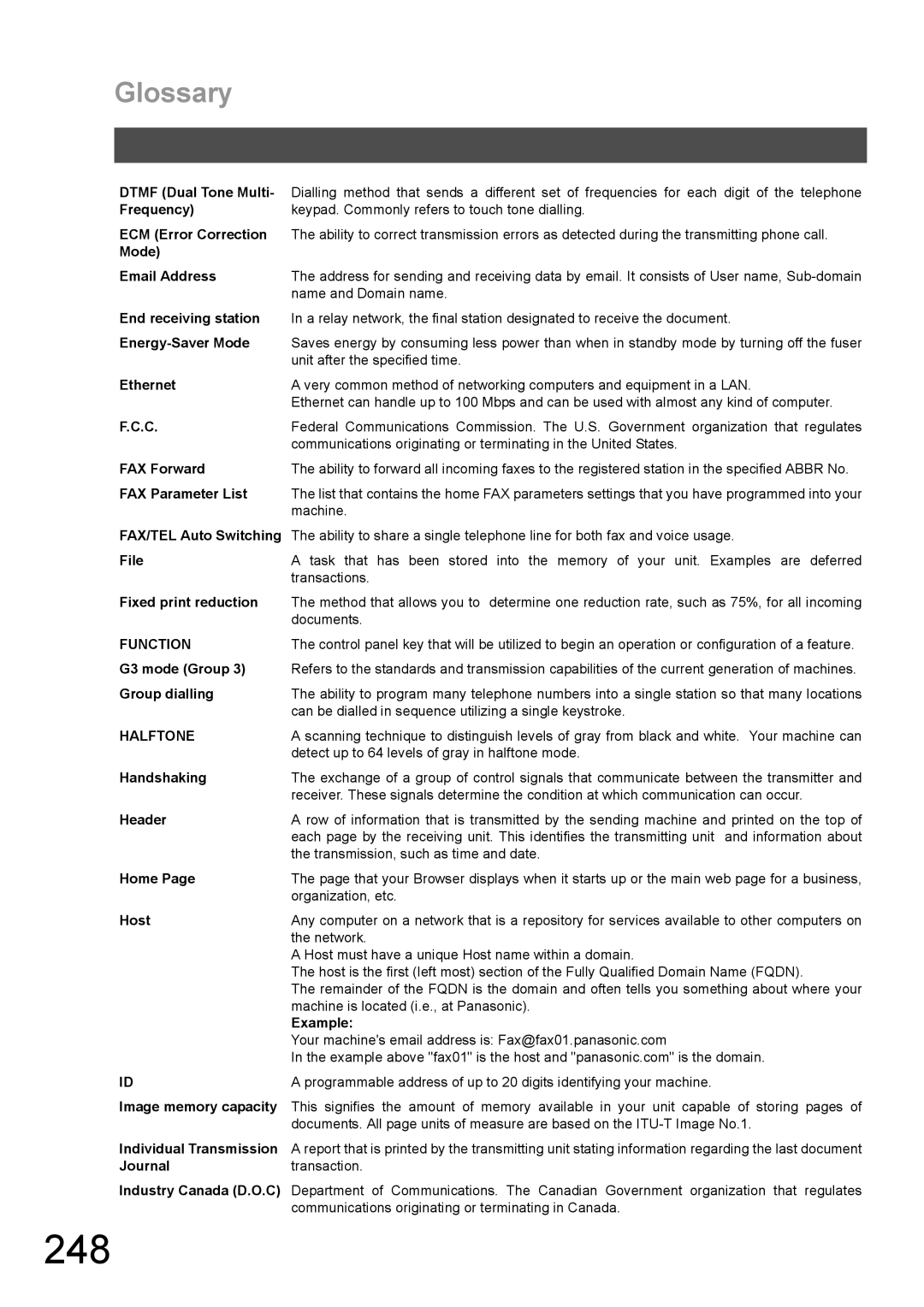 Panasonic DX-600 appendix 248, Glossary 