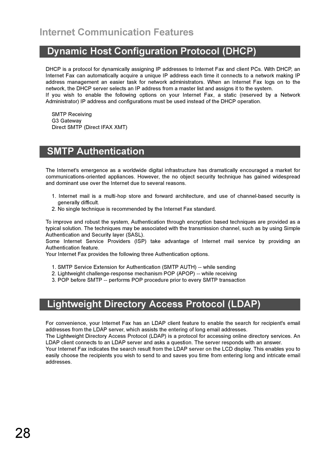 Panasonic DX-600 Dynamic Host Configuration Protocol Dhcp, Smtp Authentication, Lightweight Directory Access Protocol Ldap 