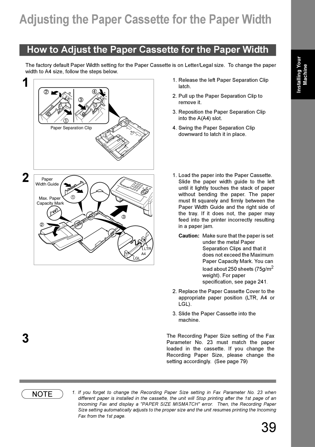 Panasonic DX-600 Adjusting the Paper Cassette for the Paper Width, How to Adjust the Paper Cassette for the Paper Width 