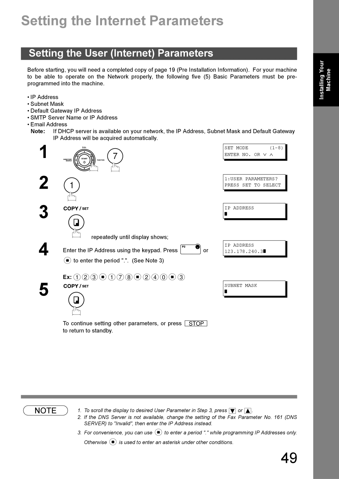 Panasonic DX-600 appendix Setting the Internet Parameters, Setting the User Internet Parameters, Subnet Mask 