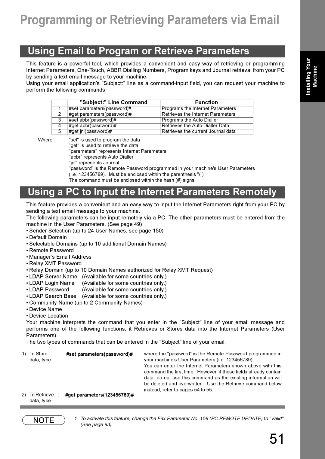 Panasonic DX-600 Using Email to Program or Retrieve Parameters, Using a PC to Input the Internet Parameters Remotely 