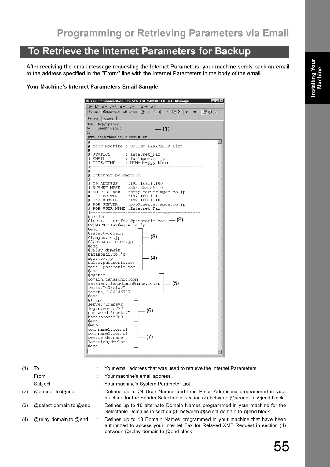 Panasonic DX-600 appendix Your Machine’s Internet Parameters Email Sample 