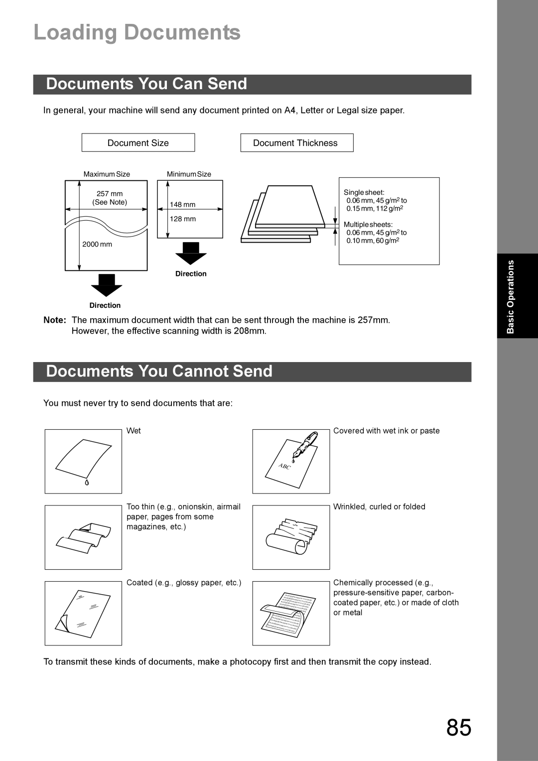 Panasonic DX-600 appendix Loading Documents, Documents You Can Send, Documents You Cannot Send 