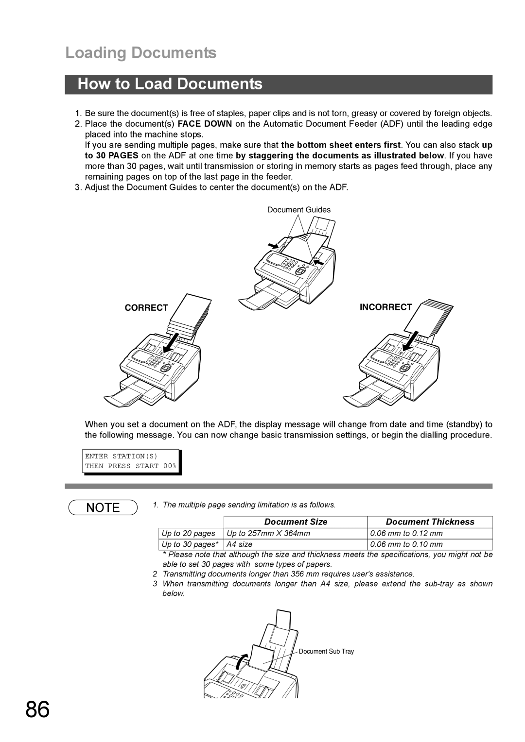 Panasonic DX-600 appendix Loading Documents, How to Load Documents, Enter Stations Then Press Start 00% 