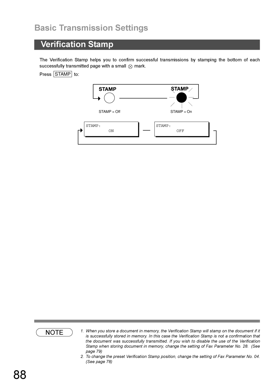 Panasonic DX-600 appendix Basic Transmission Settings, Verification Stamp, Stamp OFF 