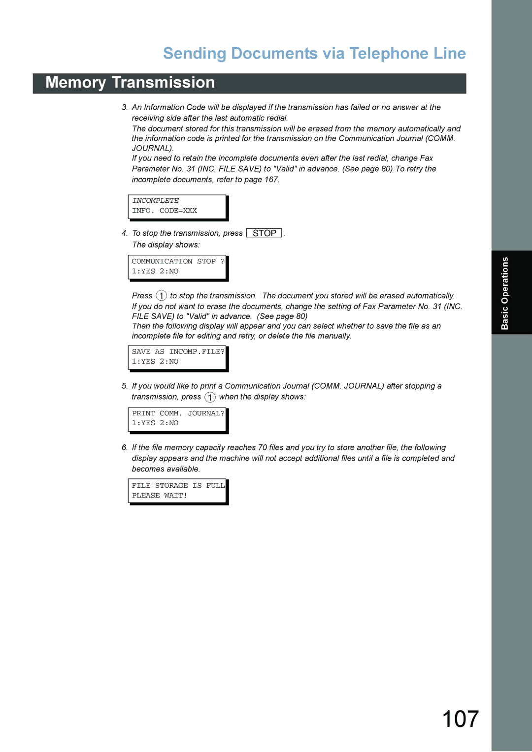 Panasonic DX-800 appendix 107, Sending Documents via Telephone Line Memory Transmission 