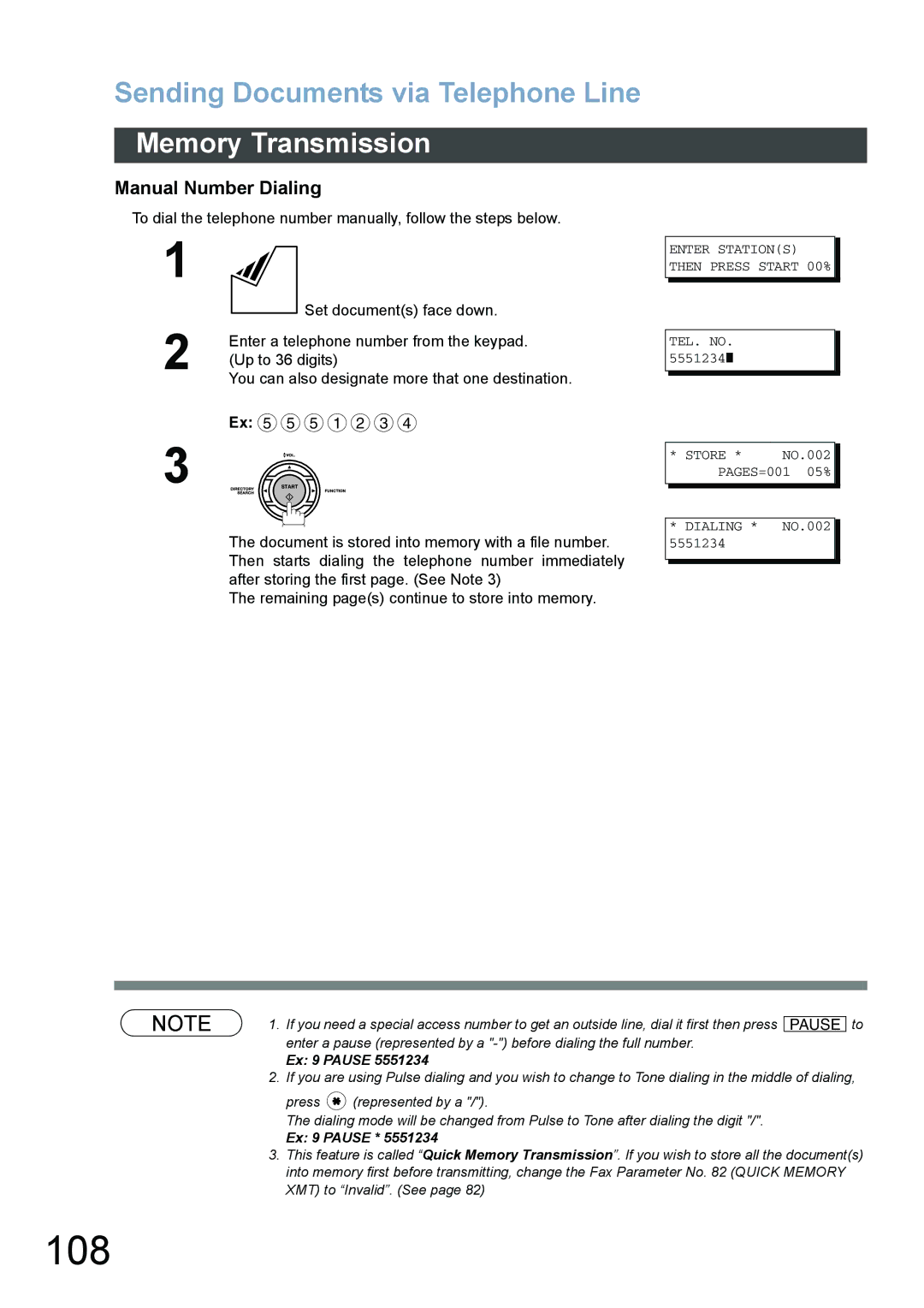 Panasonic DX-800 appendix 108, Manual Number Dialing 