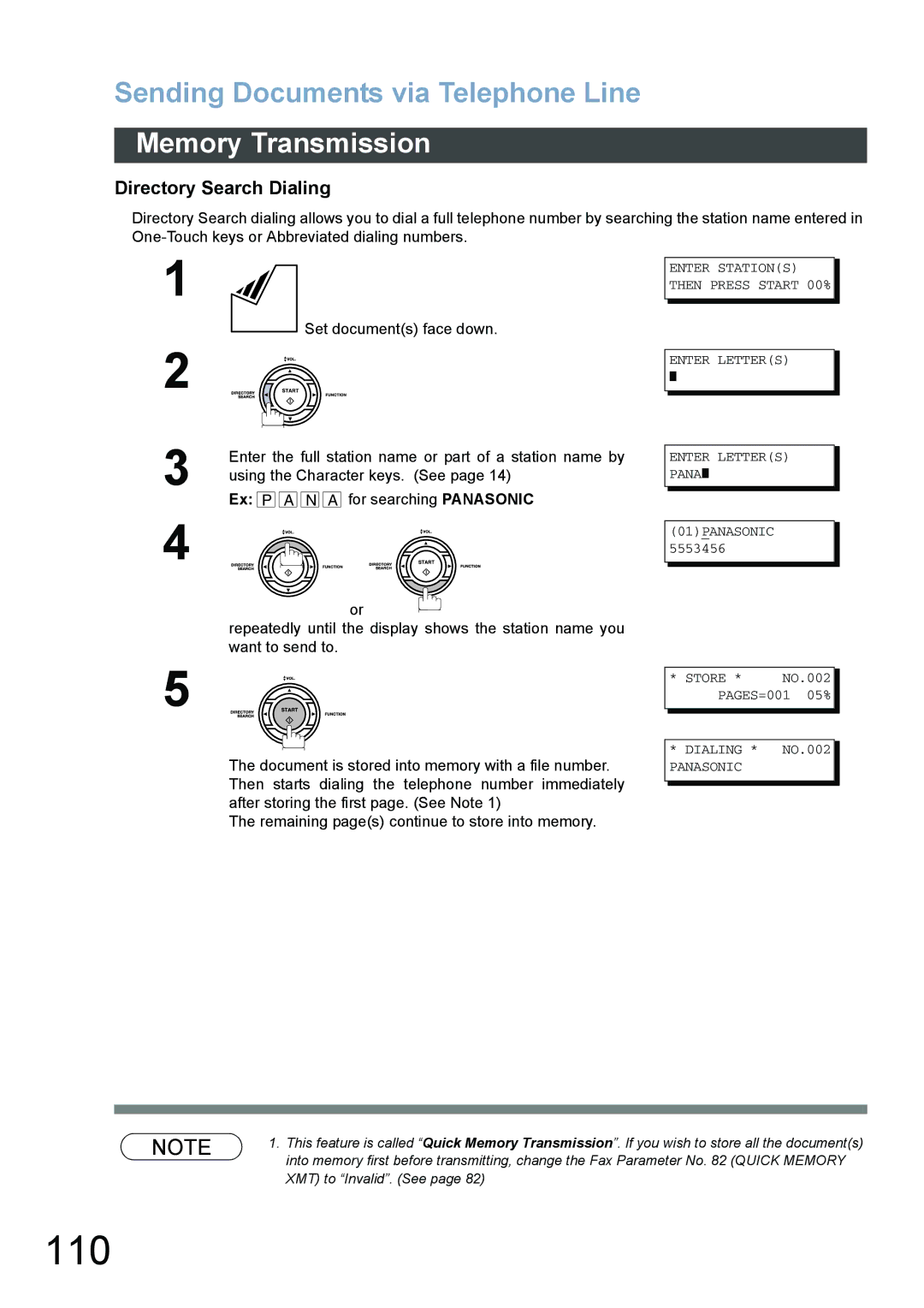 Panasonic DX-800 appendix 110, Directory Search Dialing, Enter the full station name or part of a station name by 