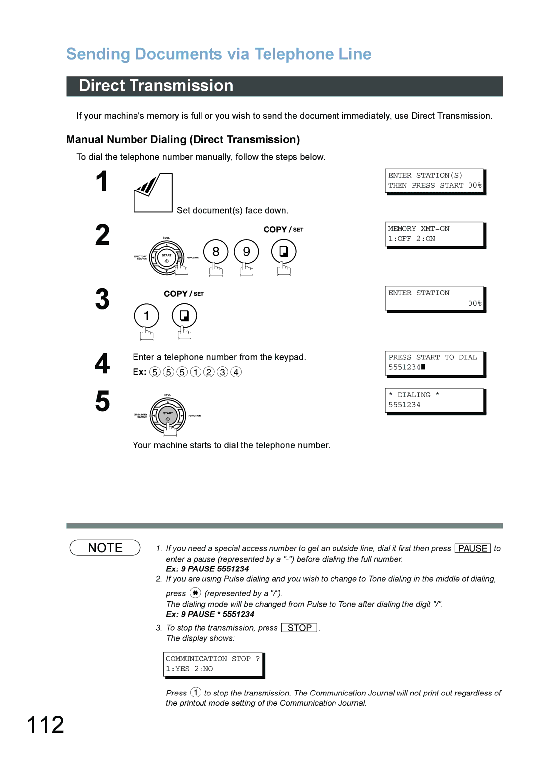 Panasonic DX-800 appendix 112, Manual Number Dialing Direct Transmission, Press Start to Dial 