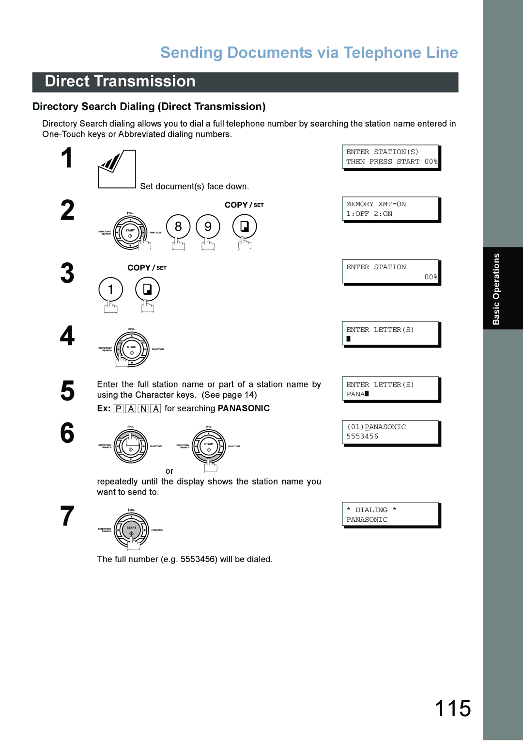 Panasonic DX-800 appendix 115, Directory Search Dialing Direct Transmission, Full number e.g will be dialed 