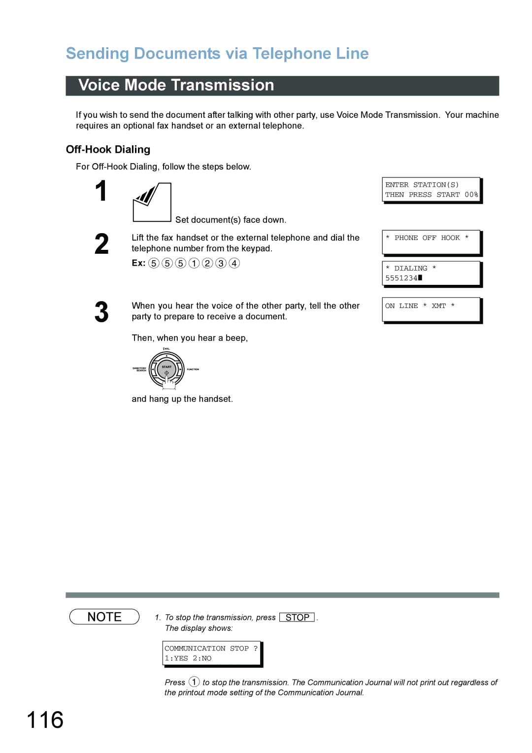 Panasonic DX-800 appendix 116, Voice Mode Transmission, Off-Hook Dialing, Hang up the handset 