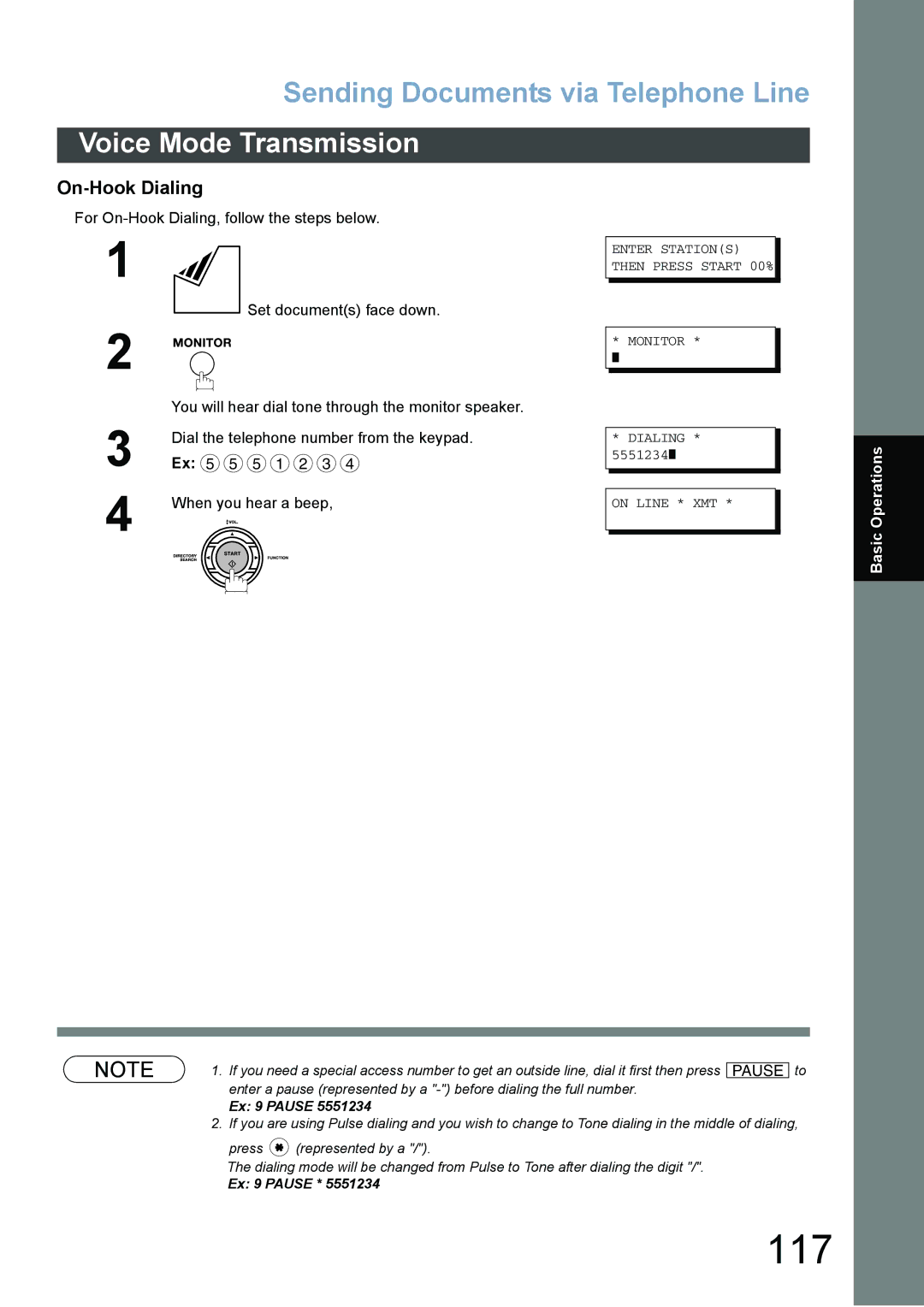 Panasonic DX-800 appendix 117, On-Hook Dialing, Enter Stations then Press Start 00% Monitor 