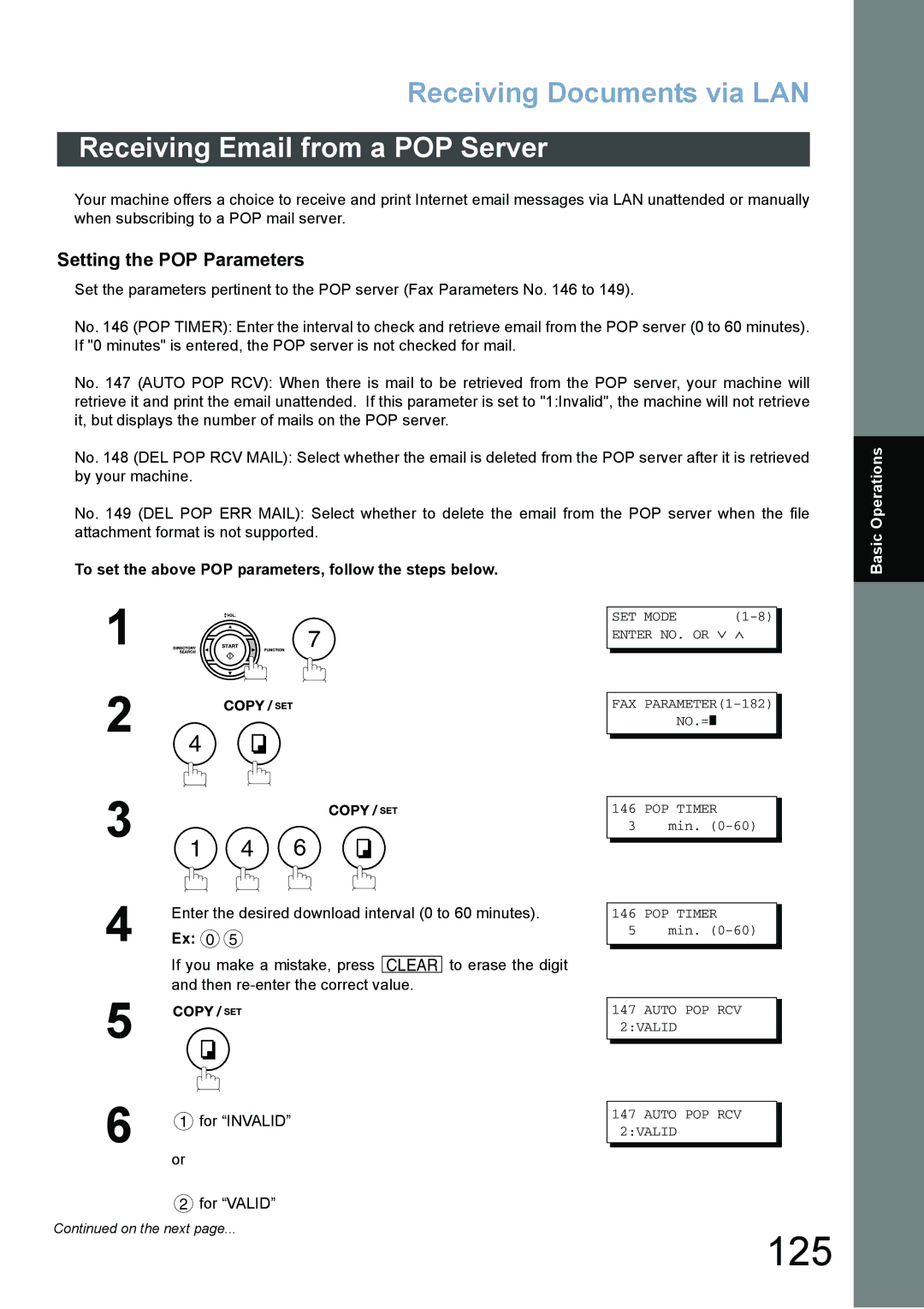 Panasonic DX-800 appendix 125, Receiving Email from a POP Server, Setting the POP Parameters, Ex 0 