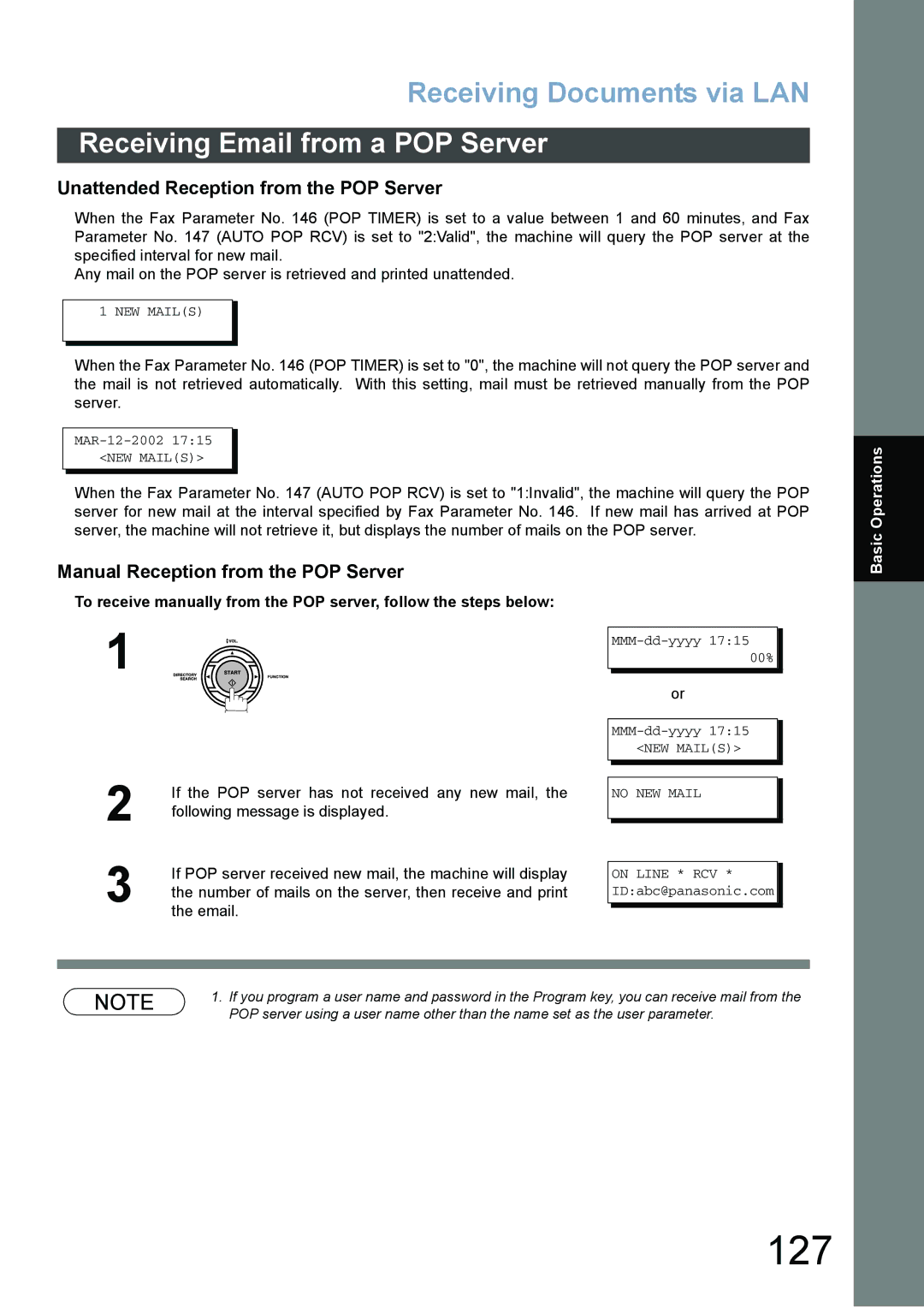 Panasonic DX-800 appendix 127, Unattended Reception from the POP Server, Manual Reception from the POP Server 