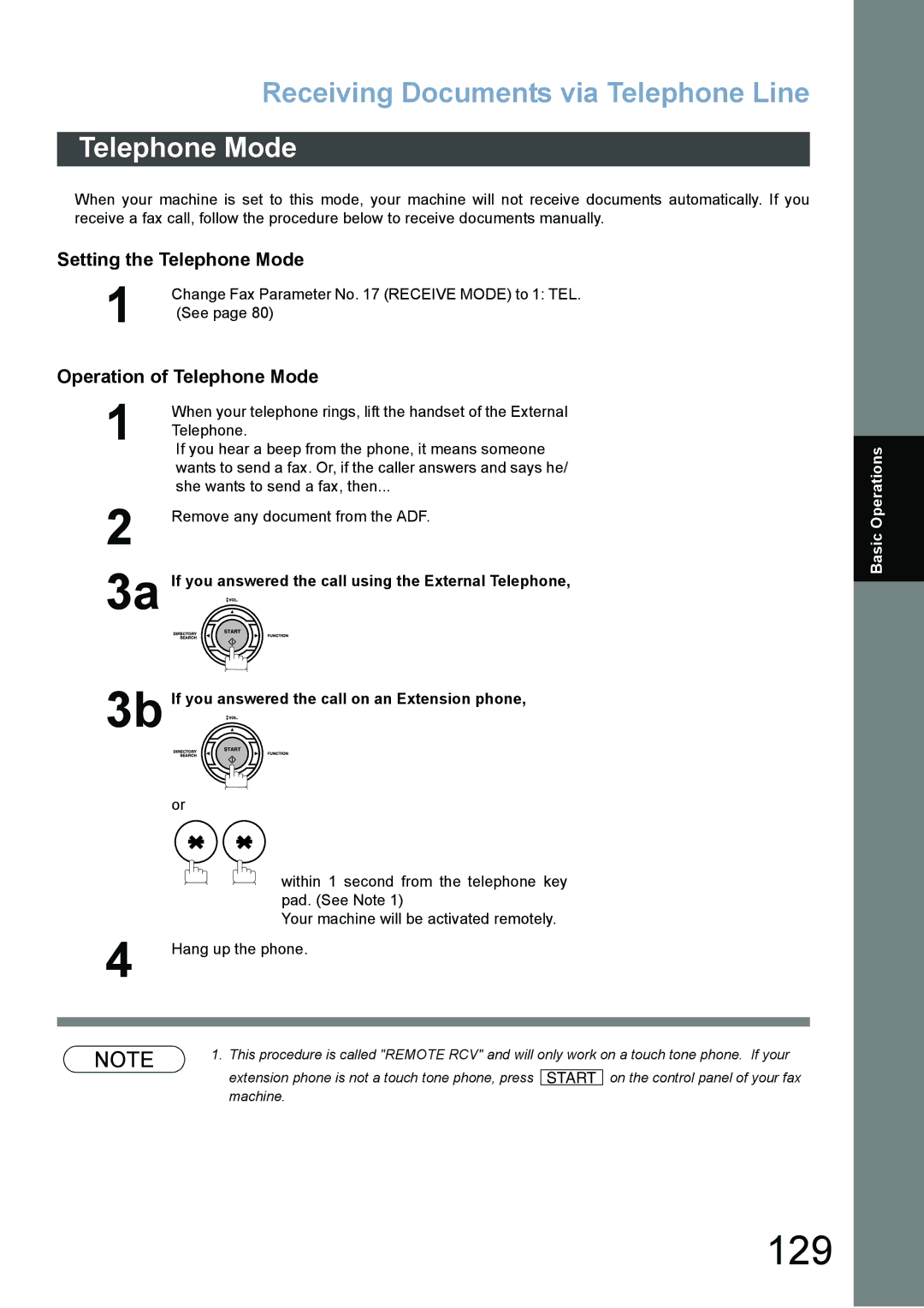 Panasonic DX-800 129, Receiving Documents via Telephone Line, Setting the Telephone Mode, Operation of Telephone Mode 