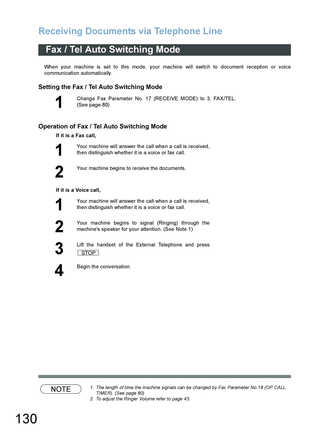 Panasonic DX-800 appendix 130, Setting the Fax / Tel Auto Switching Mode, Operation of Fax / Tel Auto Switching Mode 