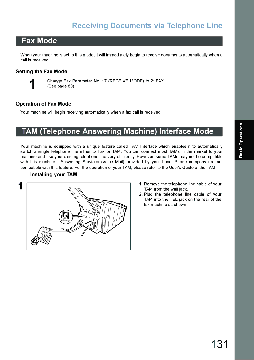 Panasonic DX-800 appendix 131, Fax Mode, TAM Telephone Answering Machine Interface Mode 