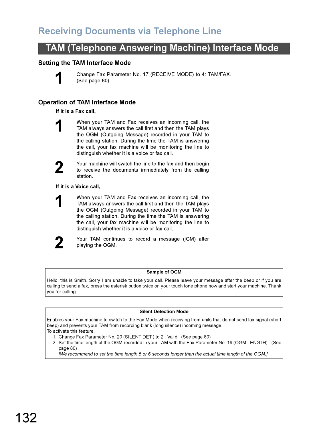 Panasonic DX-800 appendix 132, Setting the TAM Interface Mode, Operation of TAM Interface Mode 