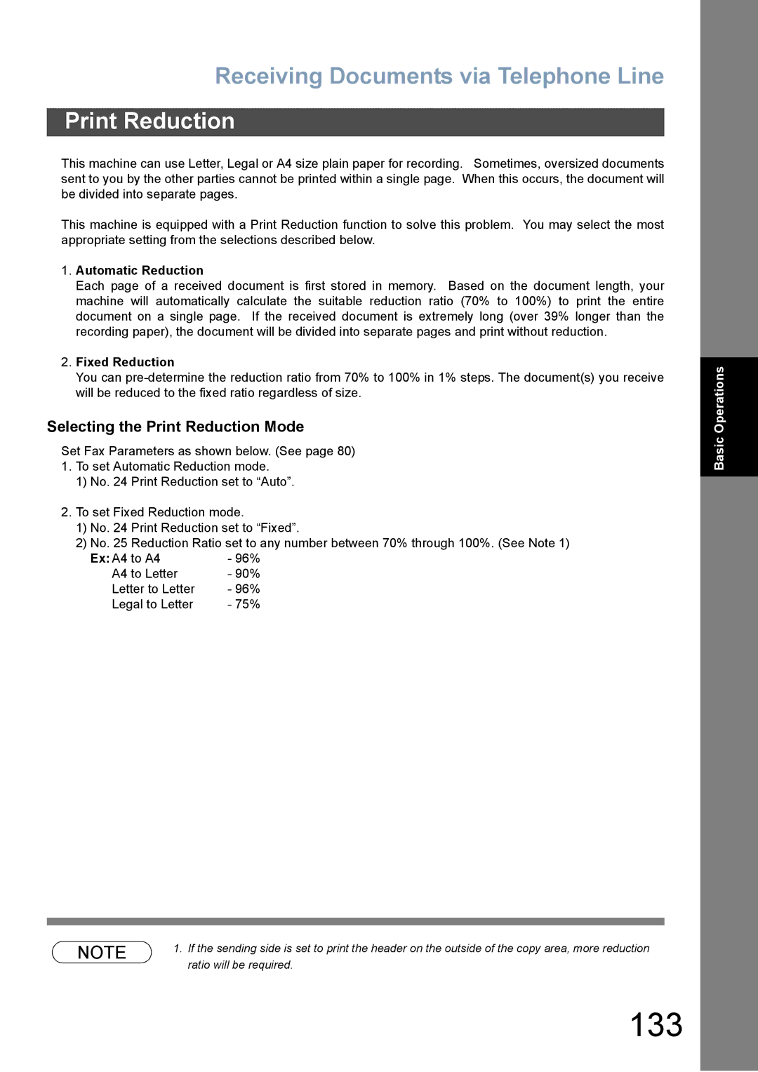 Panasonic DX-800 appendix 133, Selecting the Print Reduction Mode, Automatic Reduction, Fixed Reduction 