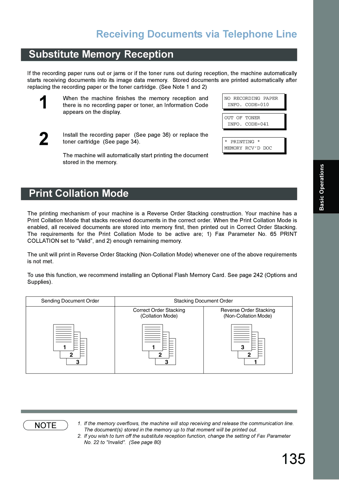 Panasonic DX-800 appendix 135, Substitute Memory Reception, Print Collation Mode 