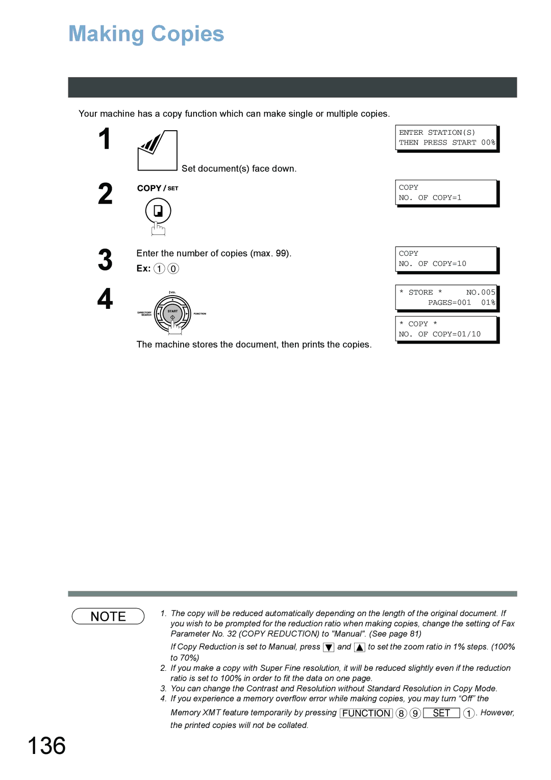 Panasonic DX-800 appendix 136, Making Copies, Enter the number of copies max, Ex 1 