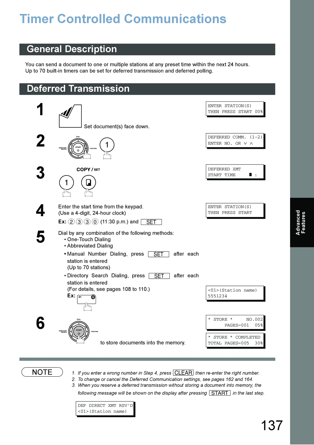 Panasonic DX-800 appendix 137, Timer Controlled Communications, Deferred Transmission 