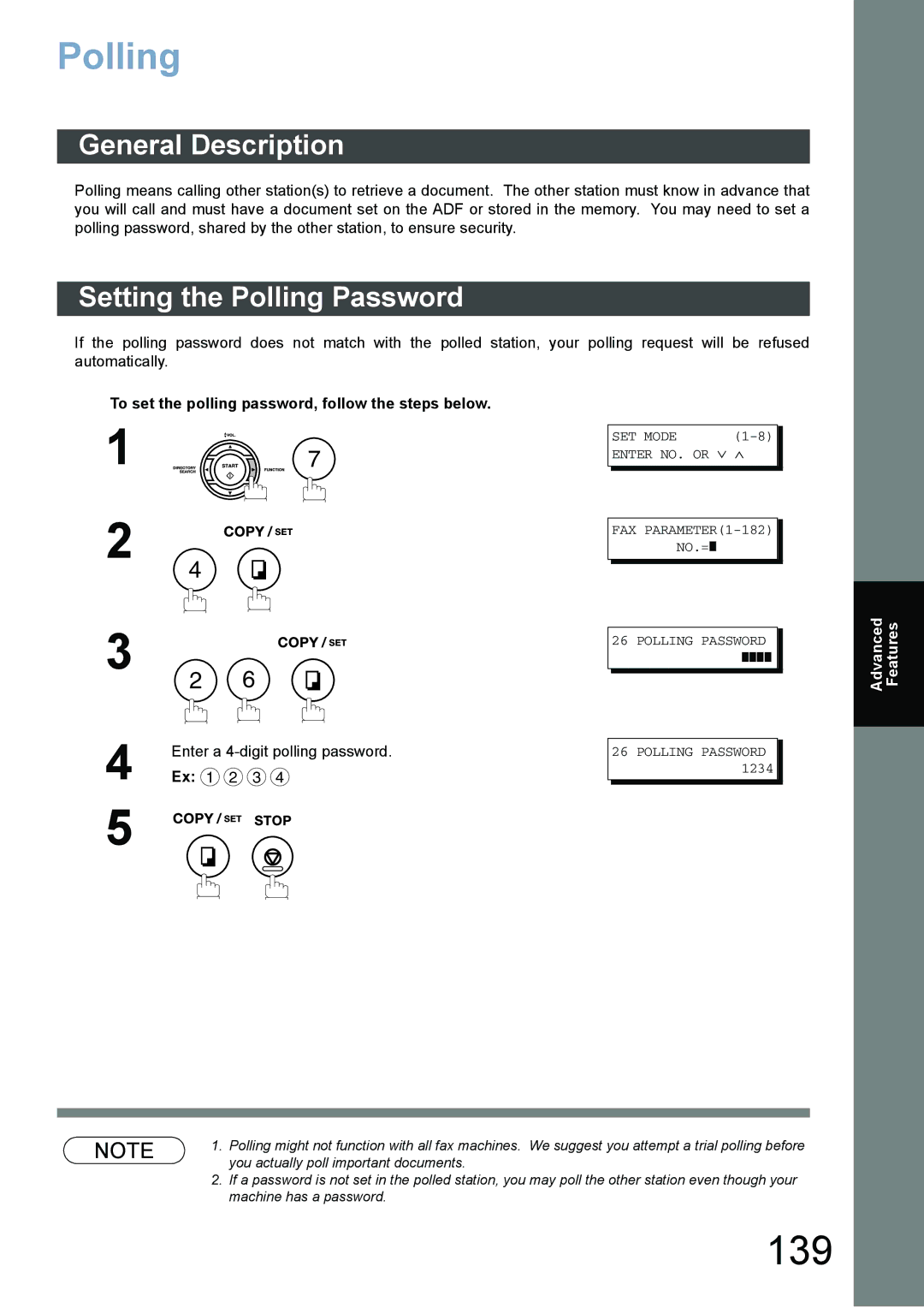 Panasonic DX-800 appendix 139, Setting the Polling Password, To set the polling password, follow the steps below 