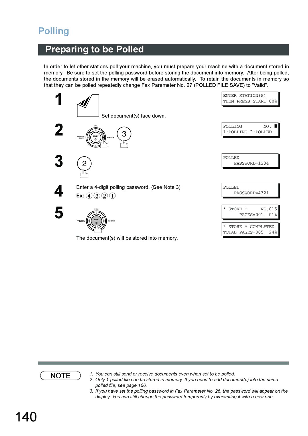 Panasonic DX-800 appendix 140, Polling, Preparing to be Polled, Store * Completed Total PAGES=005 24% 