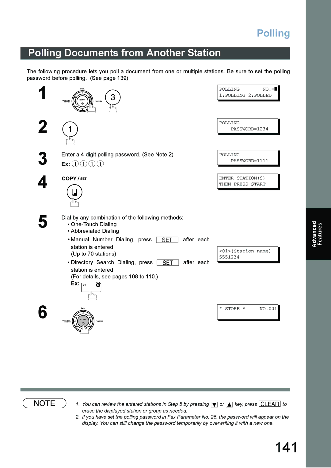 Panasonic DX-800 appendix 141, Polling Documents from Another Station, Manual Number Dialing Press 