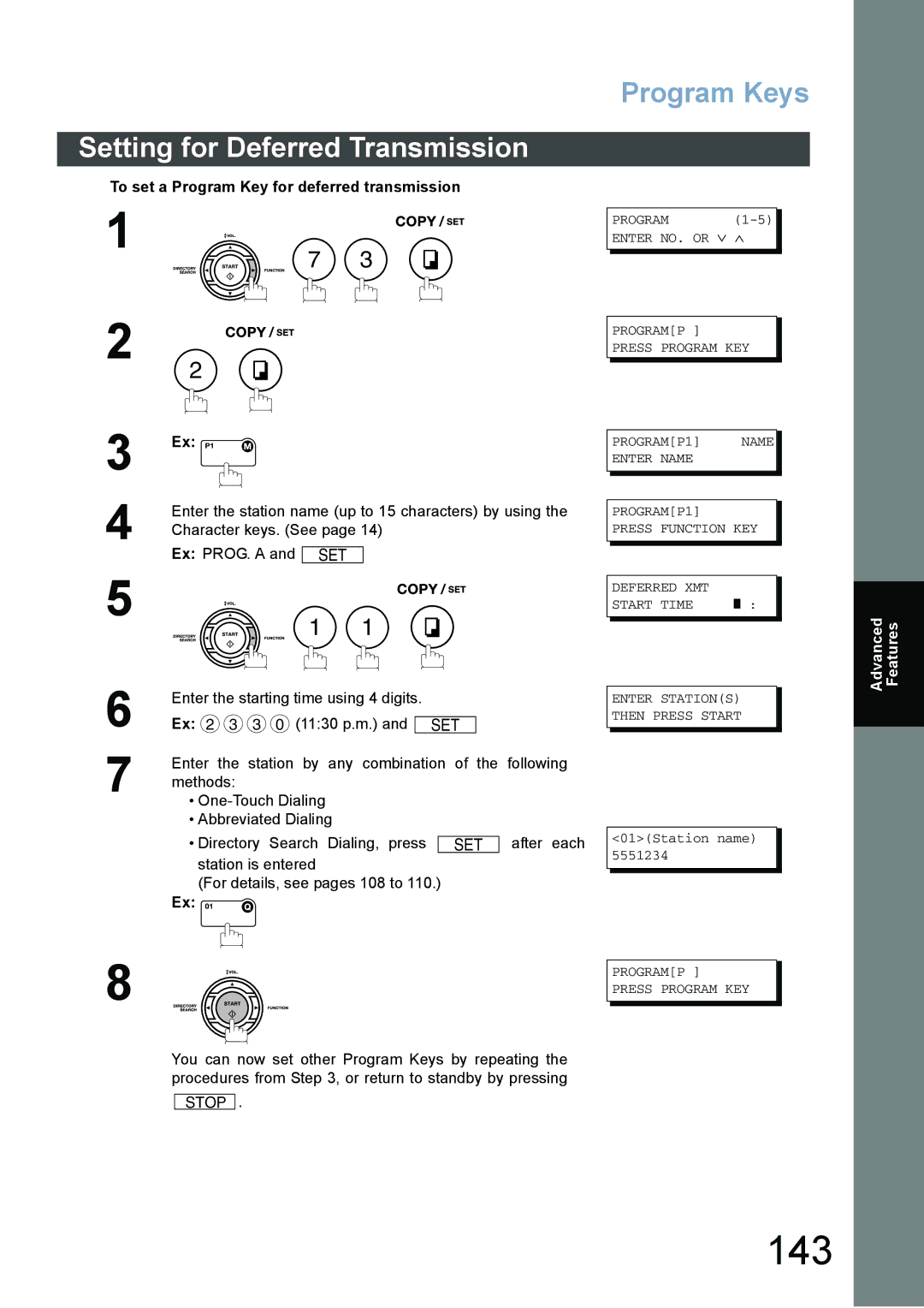 Panasonic DX-800 143, Setting for Deferred Transmission, Program Keys, To set a Program Key for deferred transmission 