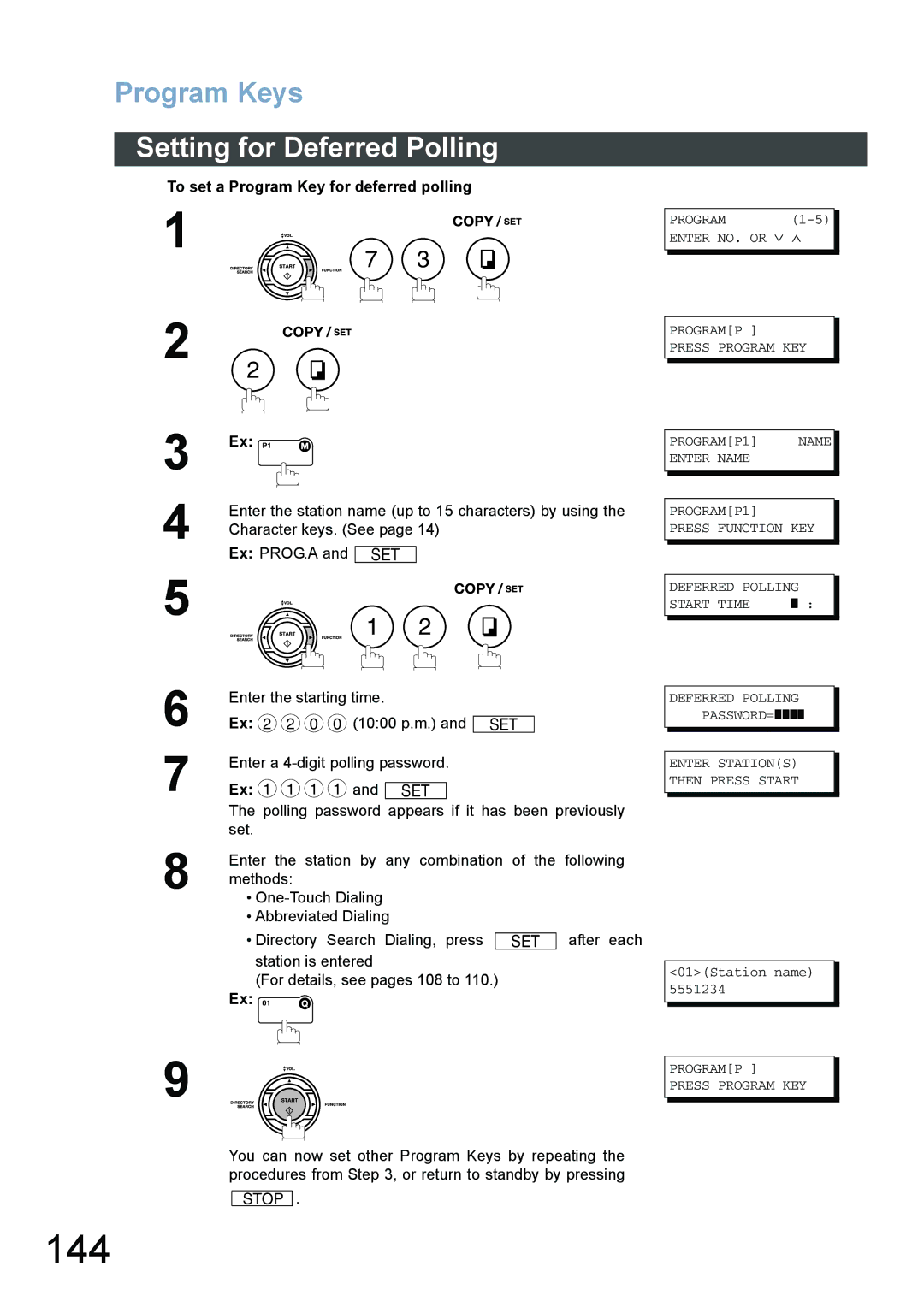 Panasonic DX-800 appendix 144, Setting for Deferred Polling, To set a Program Key for deferred polling, Ex PROG.A 