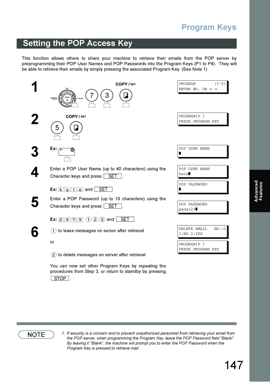 Panasonic DX-800 147, Setting the POP Access Key, POP Password, Delete Email NO.=1 1NO 2YES Programp Press Program KEY 