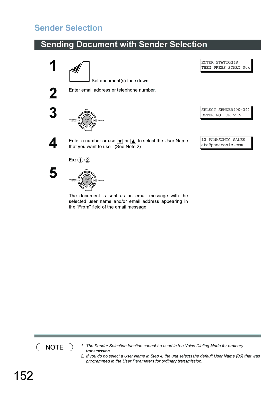 Panasonic DX-800 appendix 152, Sending Document with Sender Selection, Enter email address or telephone number 