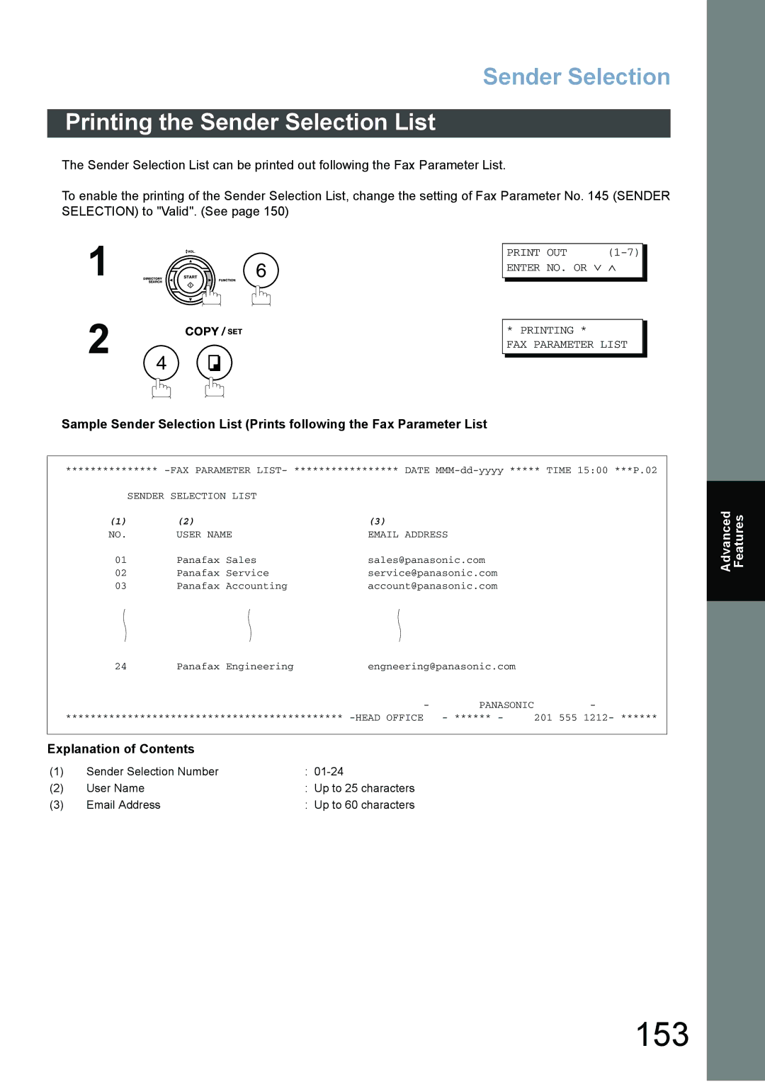 Panasonic DX-800 appendix 153, Printing the Sender Selection List, Printing FAX Parameter List 