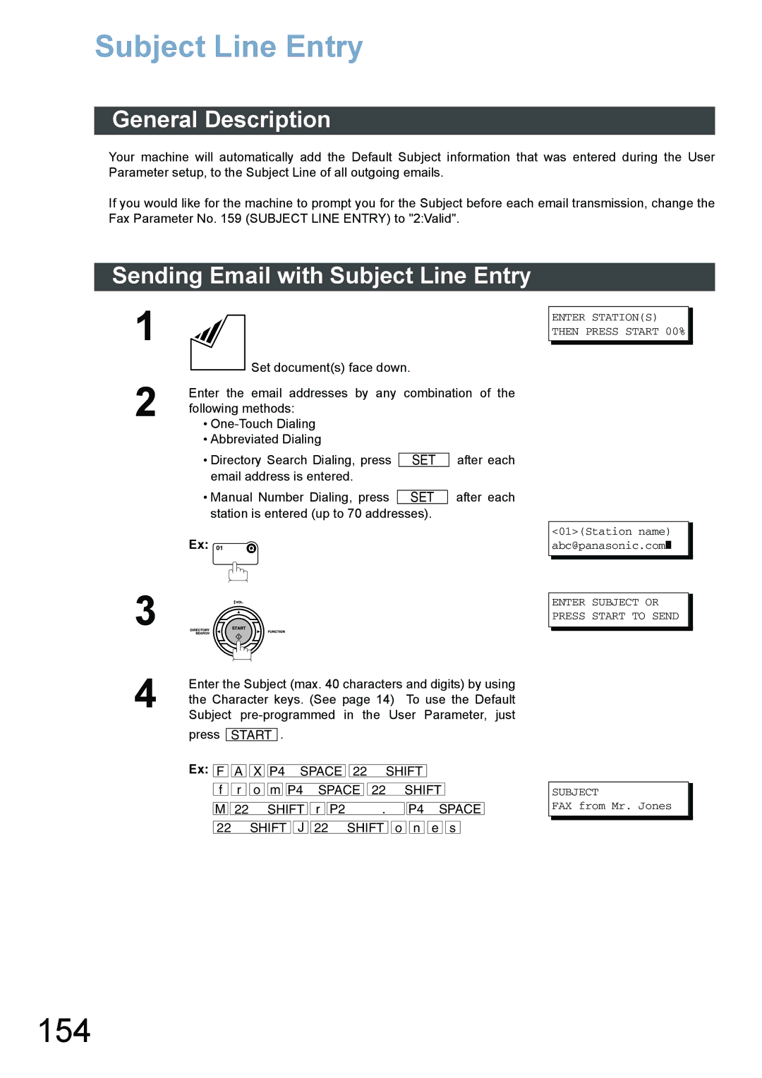 Panasonic DX-800 appendix 154, Sending Email with Subject Line Entry, Ex F, Enter Subject or Press Start to Send 