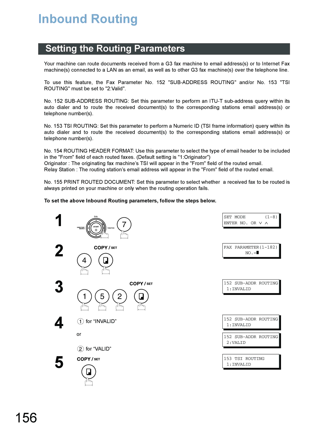 Panasonic DX-800 appendix 156, Inbound Routing, Setting the Routing Parameters 