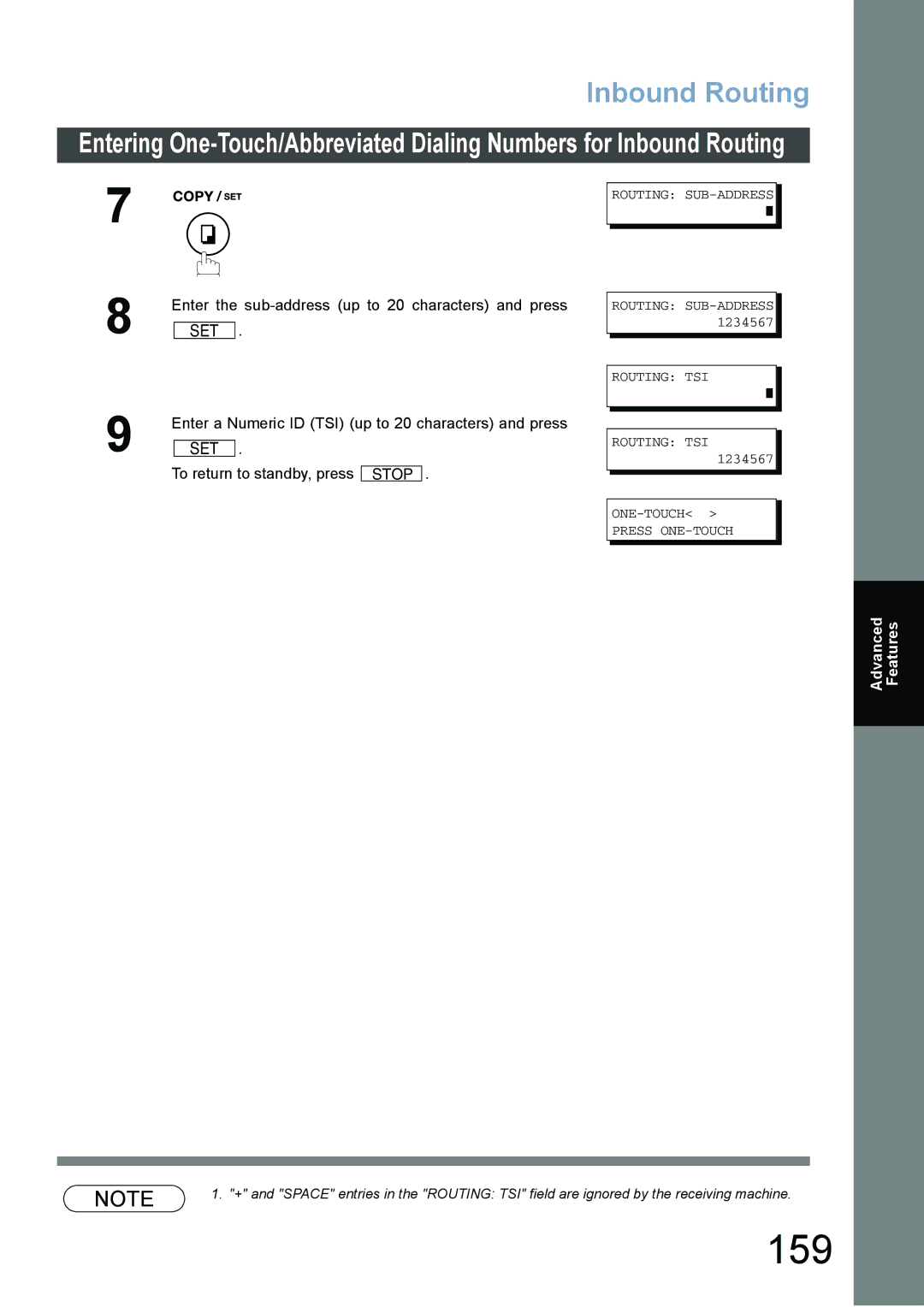 Panasonic DX-800 appendix 159, Enter the sub-address up to 20 characters and press, Routing SUB-ADDRESS Routing TSI 