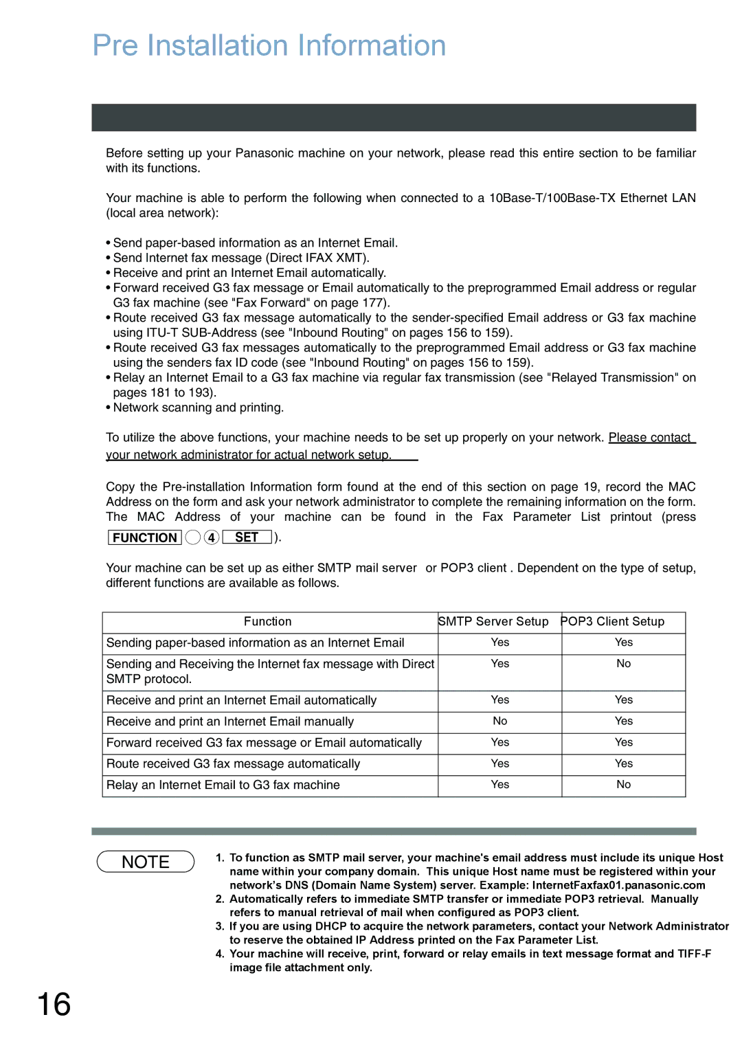 Panasonic DX-800 appendix Pre Installation Information, Function Smtp Server Setup POP3 Client Setup 