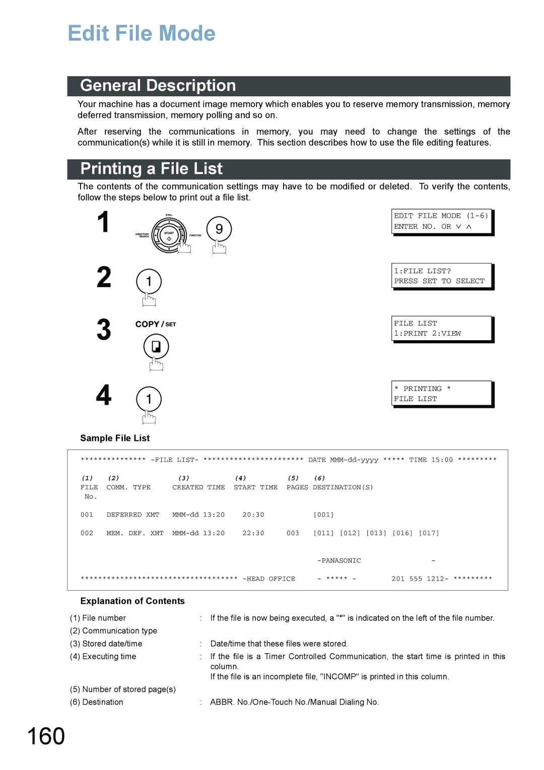 Panasonic DX-800 appendix 160, Edit File Mode, Printing a File List, Sample File List 