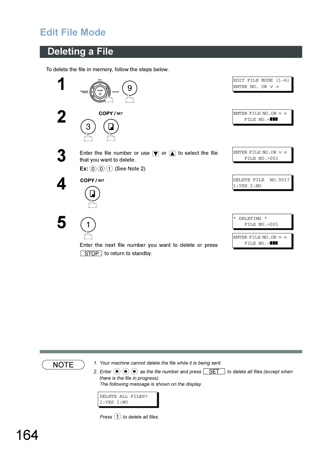 Panasonic DX-800 appendix 164, Deleting a File, Delete ALL FILES? 1YES 2NO 