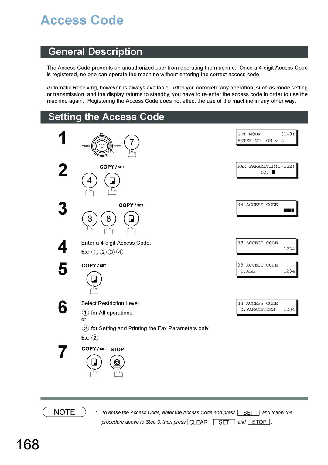 Panasonic DX-800 appendix 168, Setting the Access Code, Enter a 4-digit Access Code 