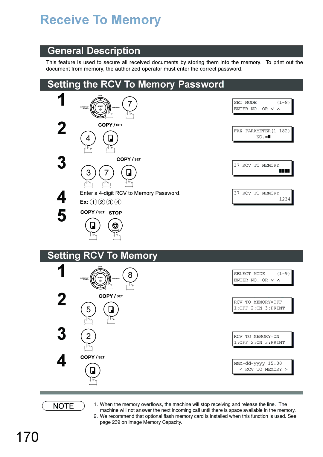 Panasonic DX-800 appendix 170, Receive To Memory, Setting the RCV To Memory Password, Setting RCV To Memory 