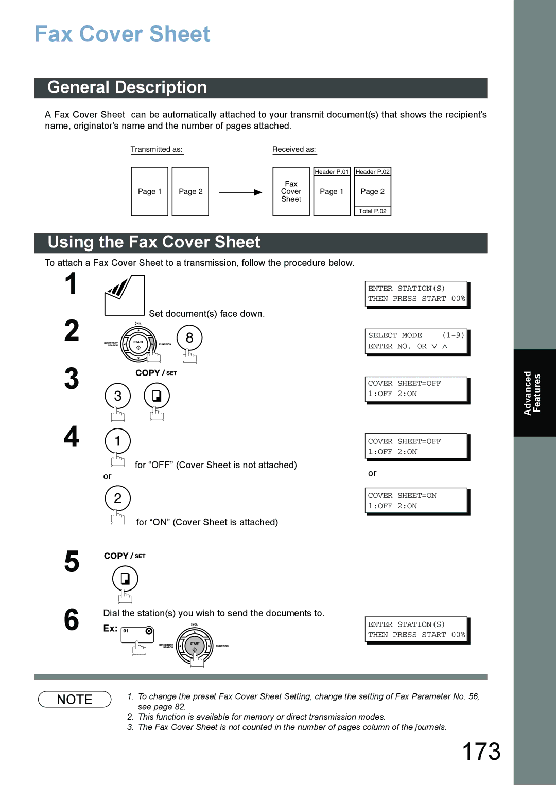 Panasonic DX-800 appendix 173, Using the Fax Cover Sheet, Dial the stations you wish to send the documents to 