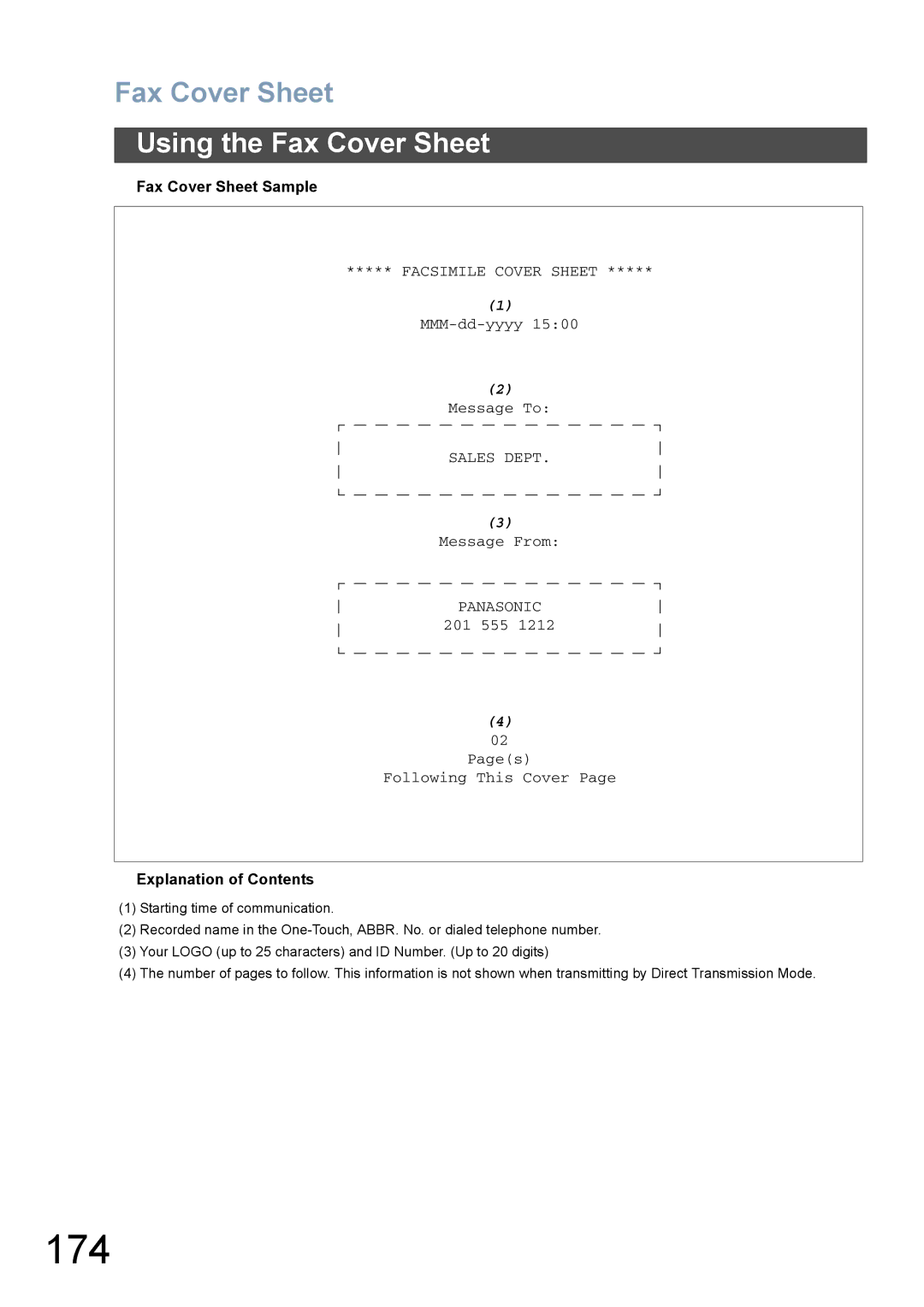 Panasonic DX-800 appendix 174, Fax Cover Sheet Sample 