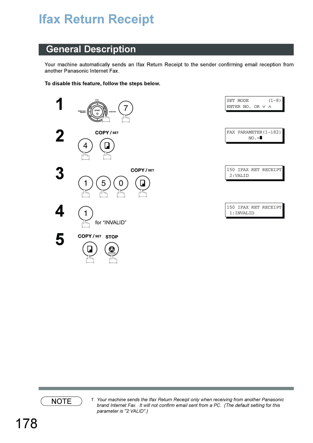 Panasonic DX-800 appendix 178, Ifax Return Receipt, To disable this feature, follow the steps below 