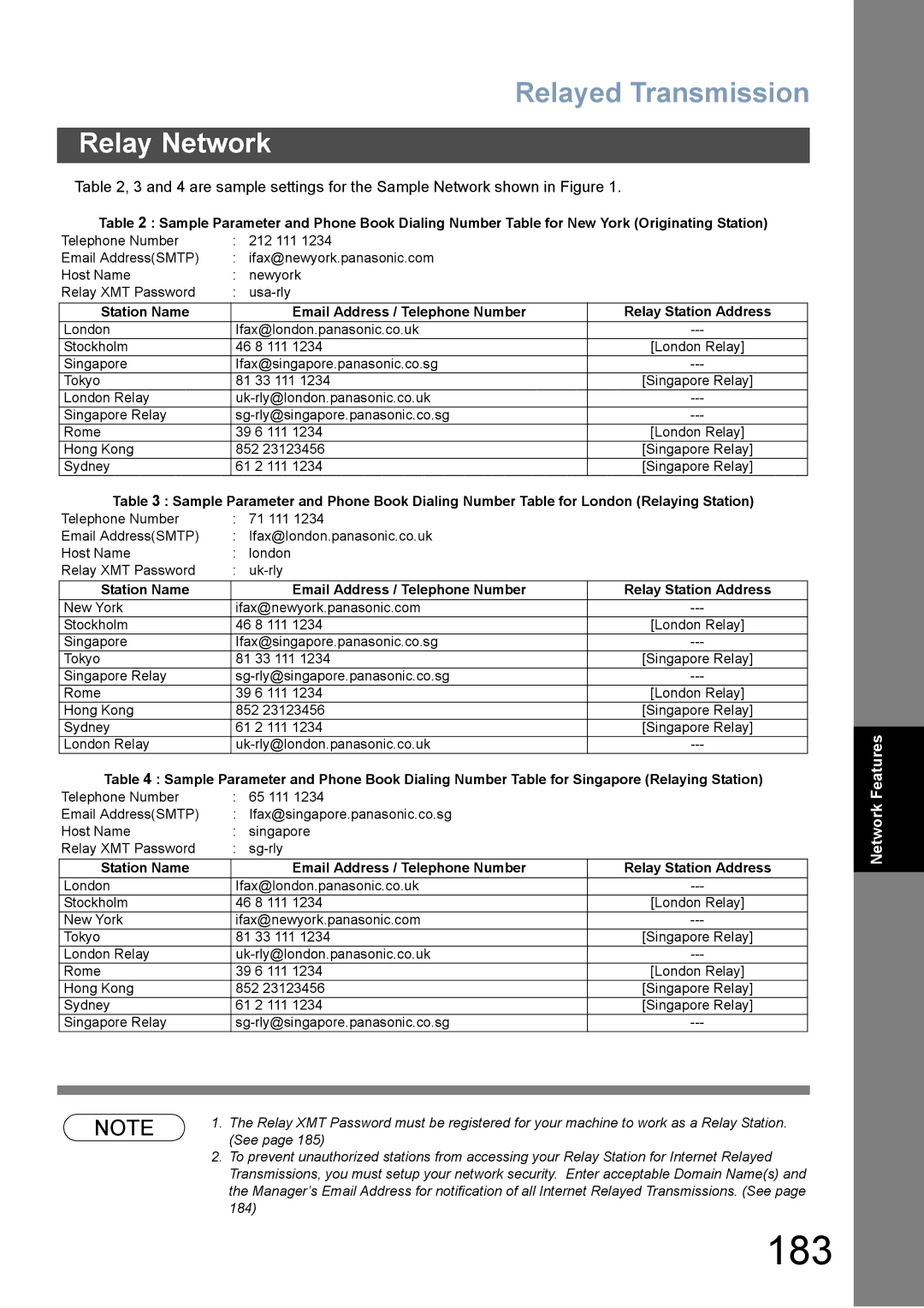 Panasonic DX-800 appendix 183, are sample settings for the Sample Network shown in Figure 