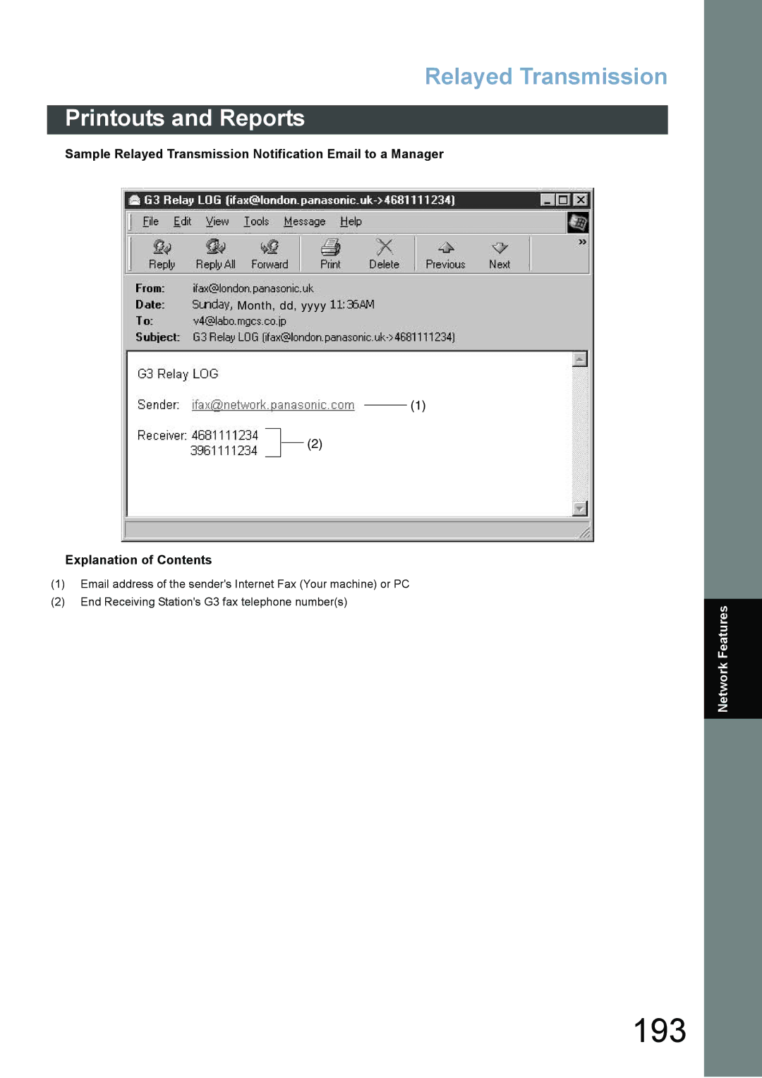 Panasonic DX-800 appendix 193, Sample Relayed Transmission Notification Email to a Manager 