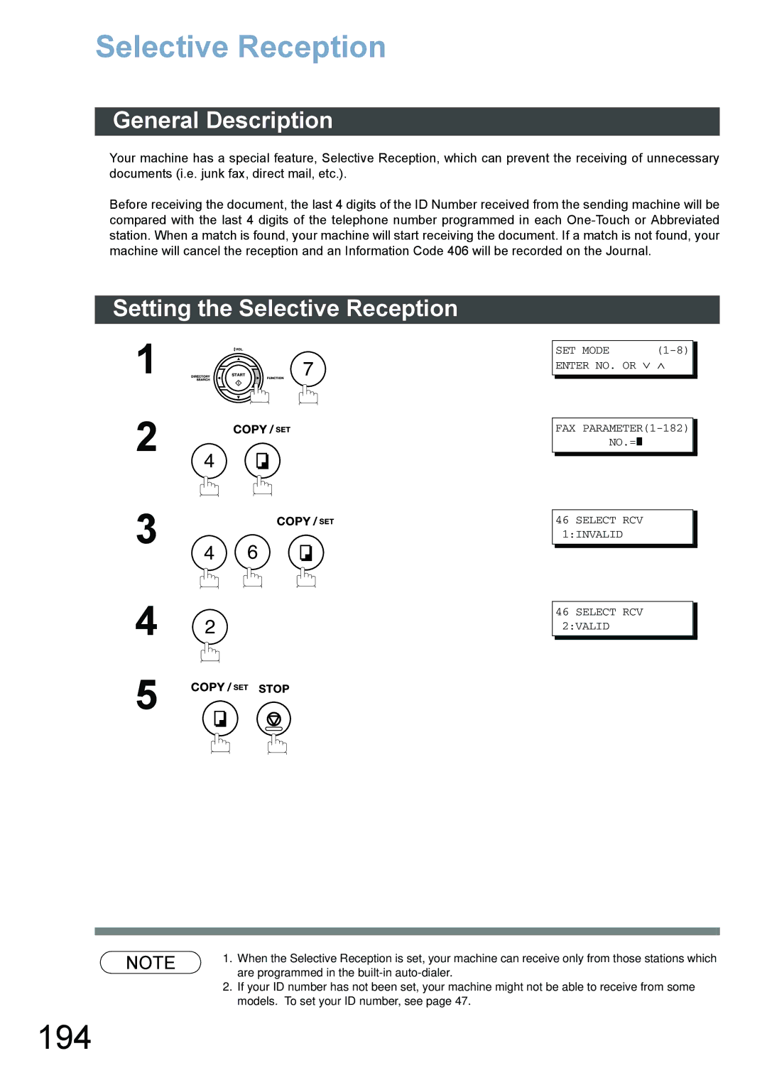 Panasonic DX-800 appendix 194, Setting the Selective Reception, Select RCV 1INVALID Select RCV 2VALID 